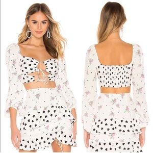 For Love & Lemons Lucia Smocked Tie Long Sleeve Crop Top NWT Size XL